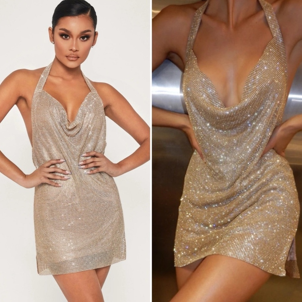 MESHKI Women's Meilani Low Back Diamante Mesh Mini Dress